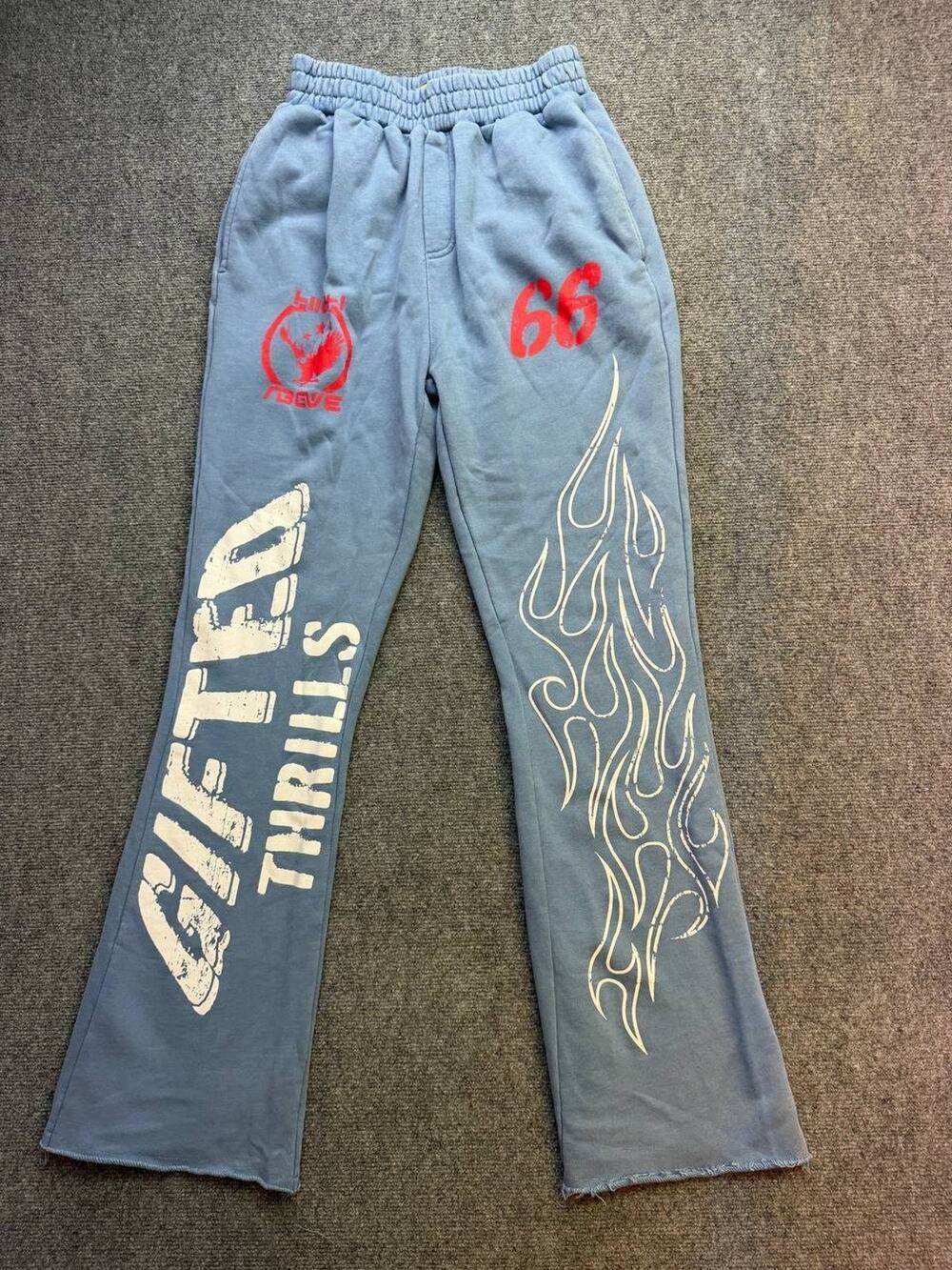 GFTD LA Women's Sweatpants Size M Blue Wide Leg Flame Graphic Raw Hem